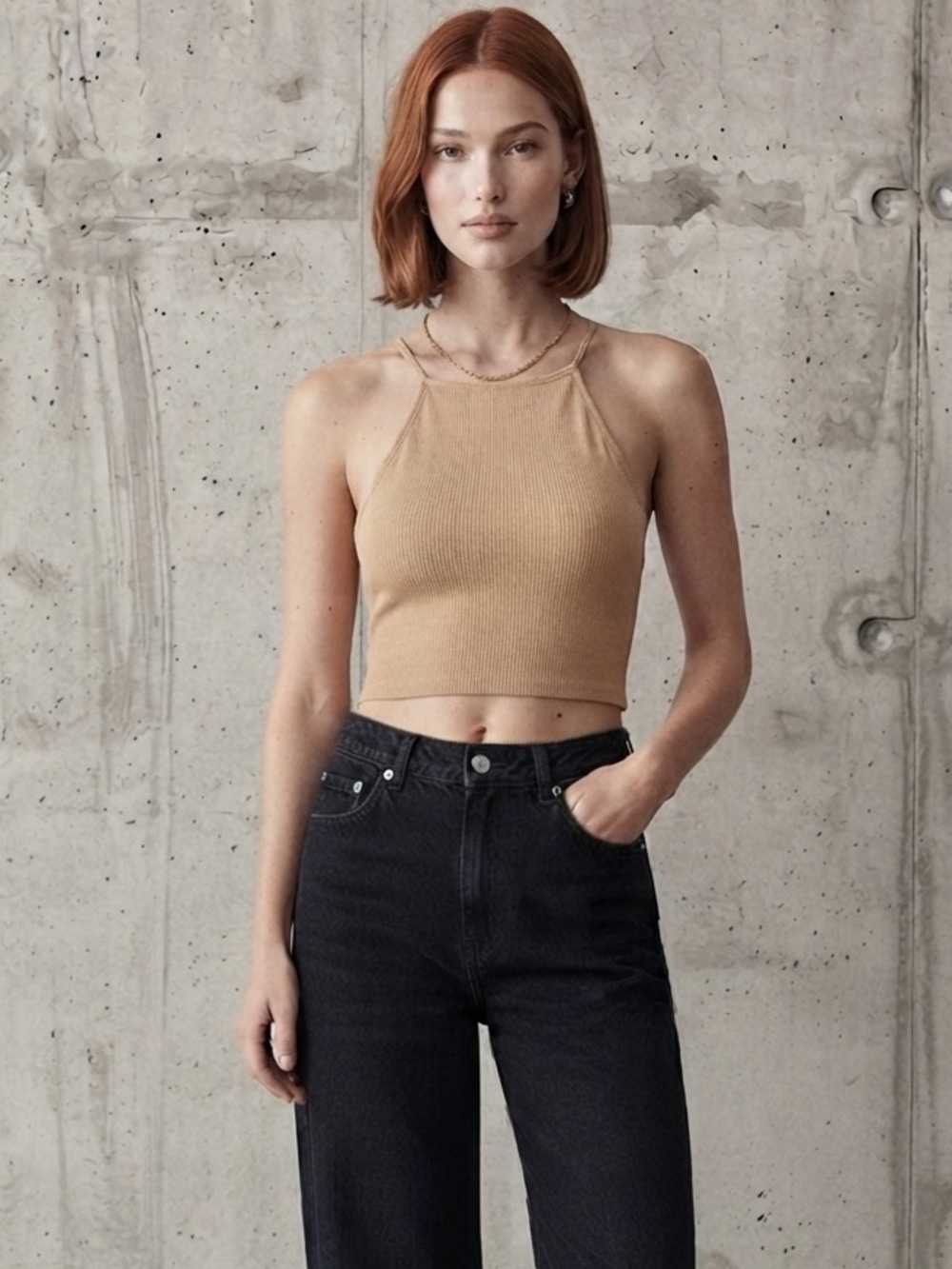 Zara Beige Ribbed Halter Crop Tank Top Size Large